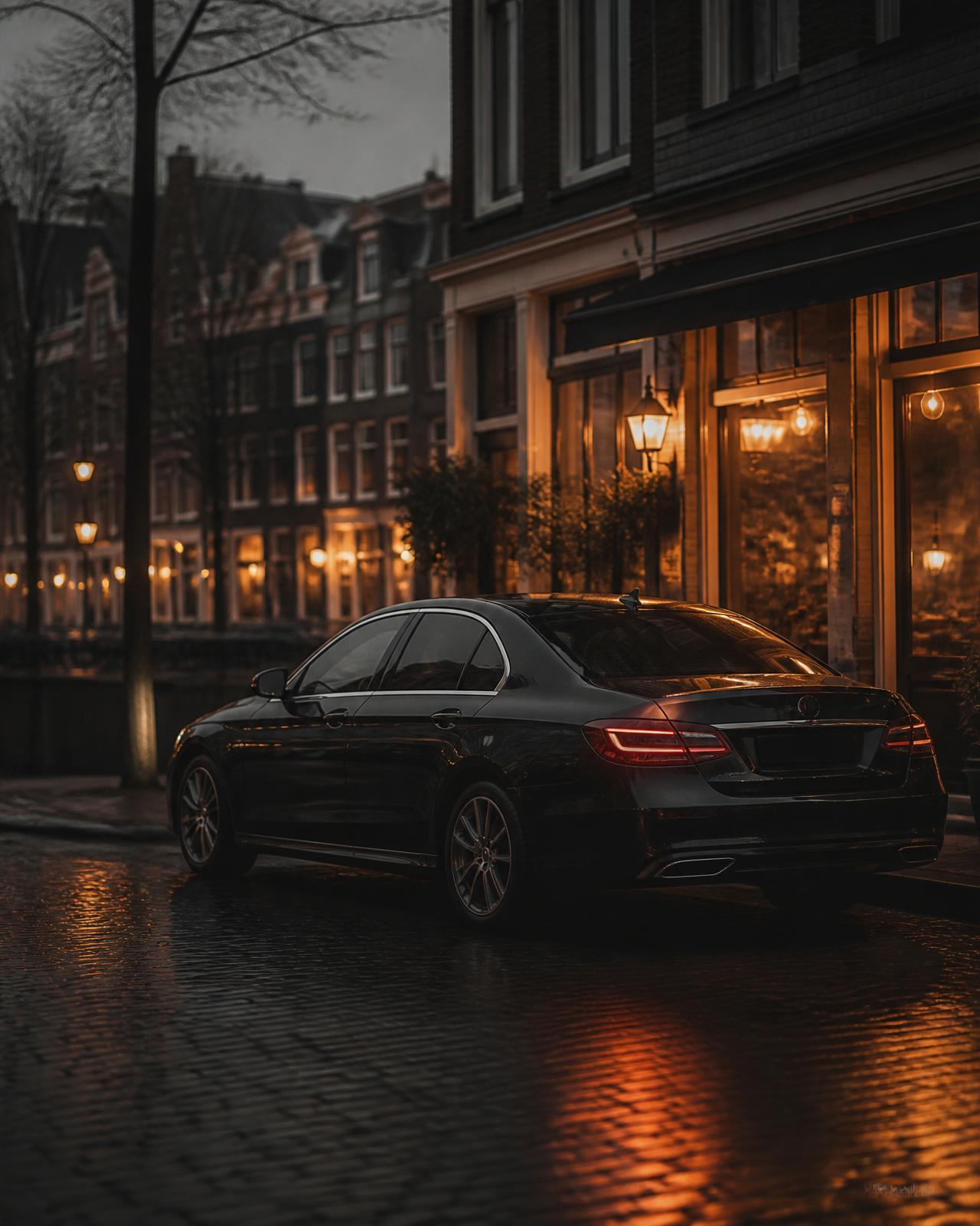 Black rideshare outside a restaurant in Amsterdam canal district at dusk